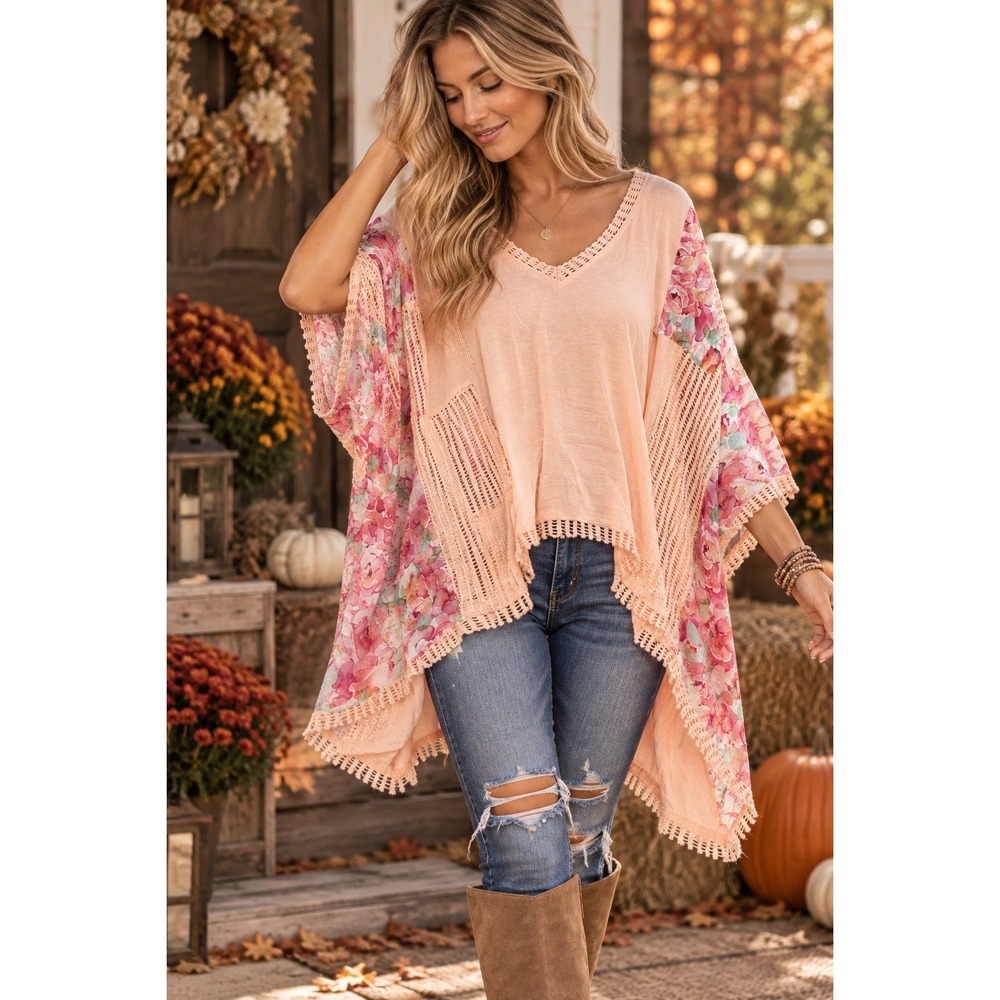 POL S Oversized Boho Floral Crochet Tunic Top Peach Sharkbite Lagenlook Flowy
